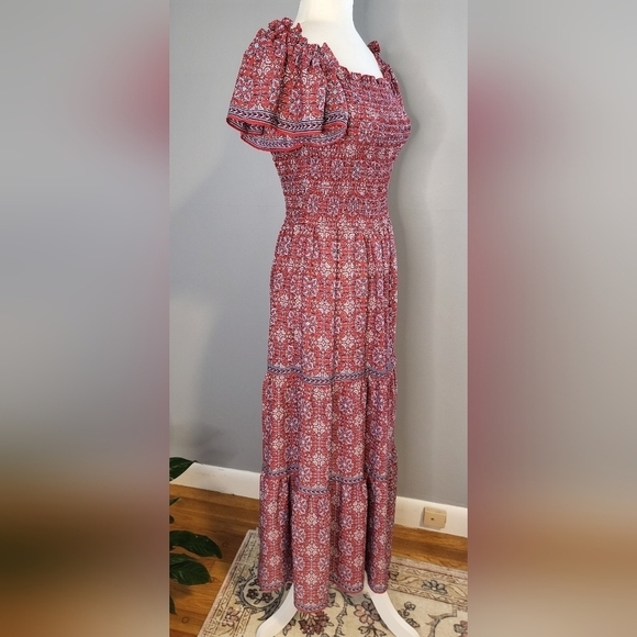 Max Studio Smocked On or Off Shoulder Red Print Tiered Boho Maxi Dress Size S - Picture 3 of 12